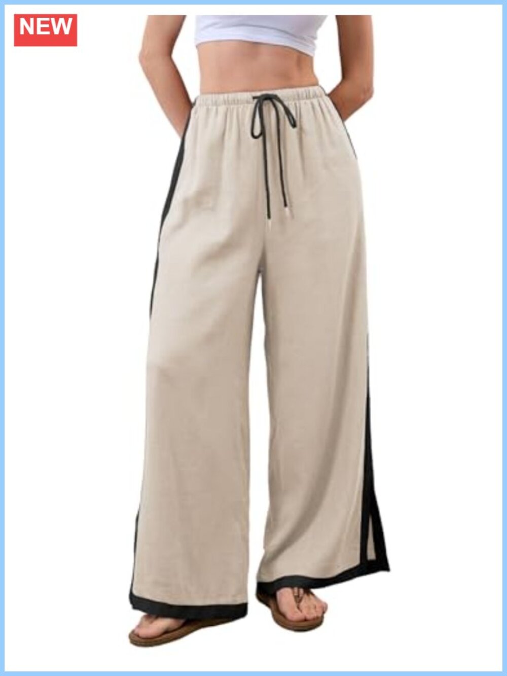 Linen Wide Leg Pants High Waisted Drawstring Side Striped Trousers